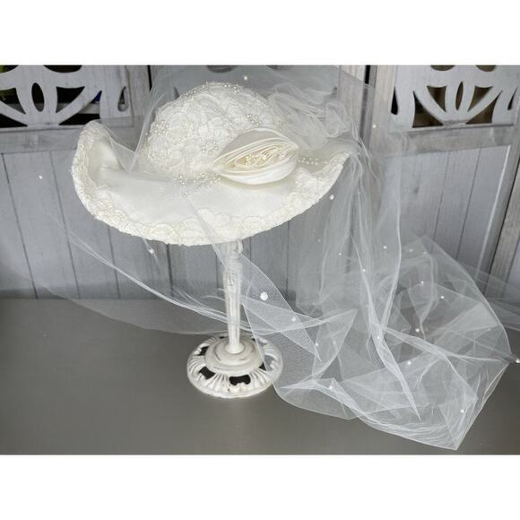 Vintage French White Ivory Lace Tulle Bridal Hat Pearls Rhinestones Veil 80s 90 main image 3